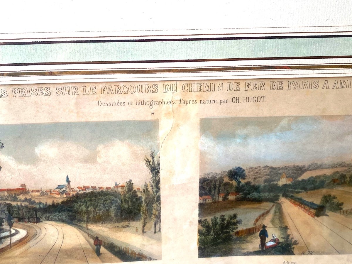 Two Large Framed Lithographs By Ch. Hugot "views Of The Railway From Paris To Amiens"-photo-4