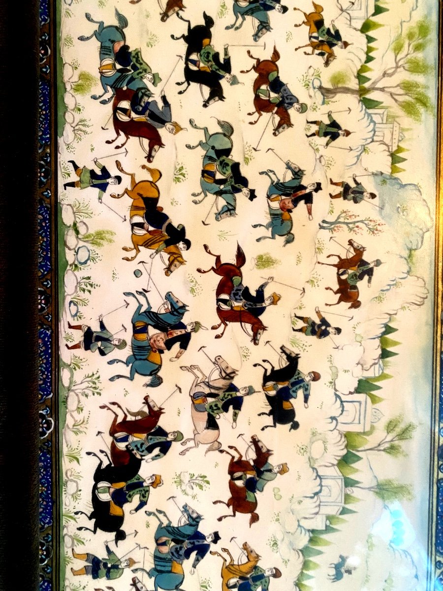 Beautiful 19th Century Persian Miniature Very Well Presented The "cavaliers' Parade" / Illuminated Paper-photo-2