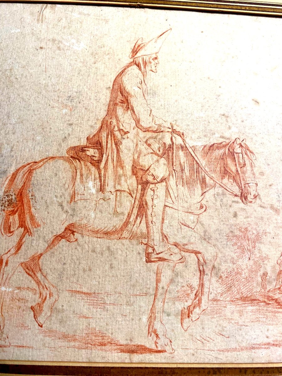 Rare: Large And Beautiful Red Chalk By Debucourt 18th, French School "the Traveler On His Mount"-photo-3