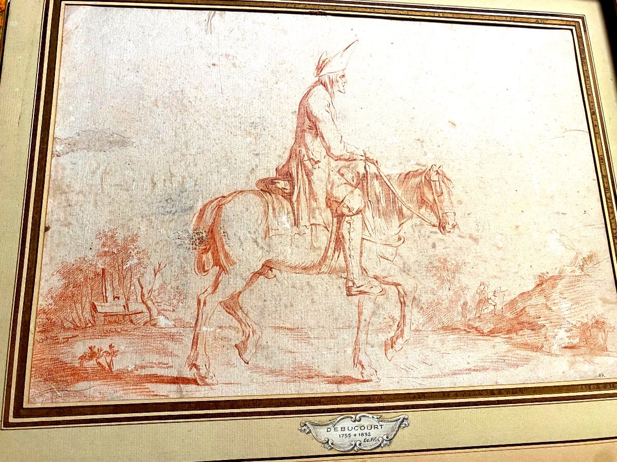 Rare: Large And Beautiful Red Chalk By Debucourt 18th, French School "the Traveler On His Mount"-photo-4