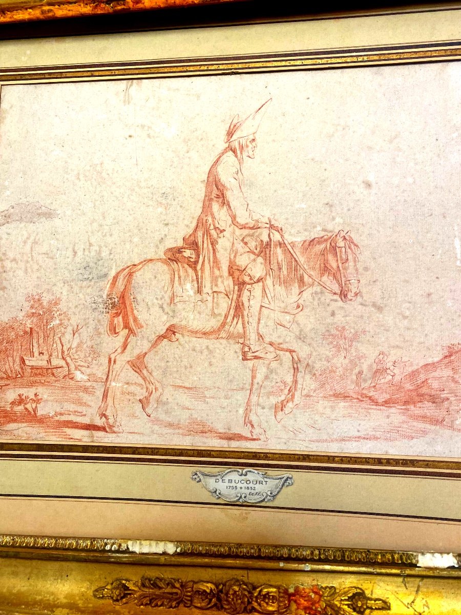 Rare: Large And Beautiful Red Chalk By Debucourt 18th, French School "the Traveler On His Mount"-photo-2