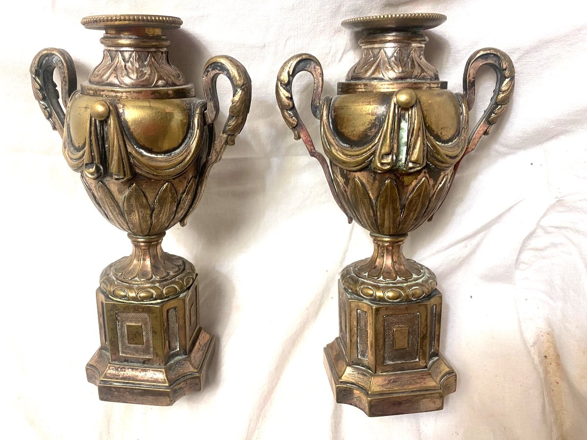 Rare Beautiful Pair Of "reversible" Bronze Candlestick Cassolettes In Garden Urn, Late 18th Century 