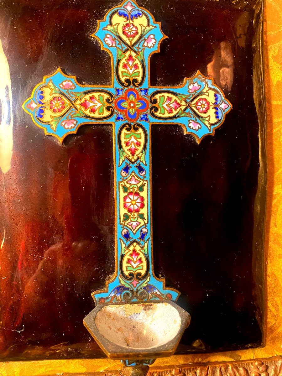 Very Beautiful Cross And Holy Water Font In Cloisonné Bronze Enamel On Enamel In Tortoise Shell Style 19th Century-photo-2