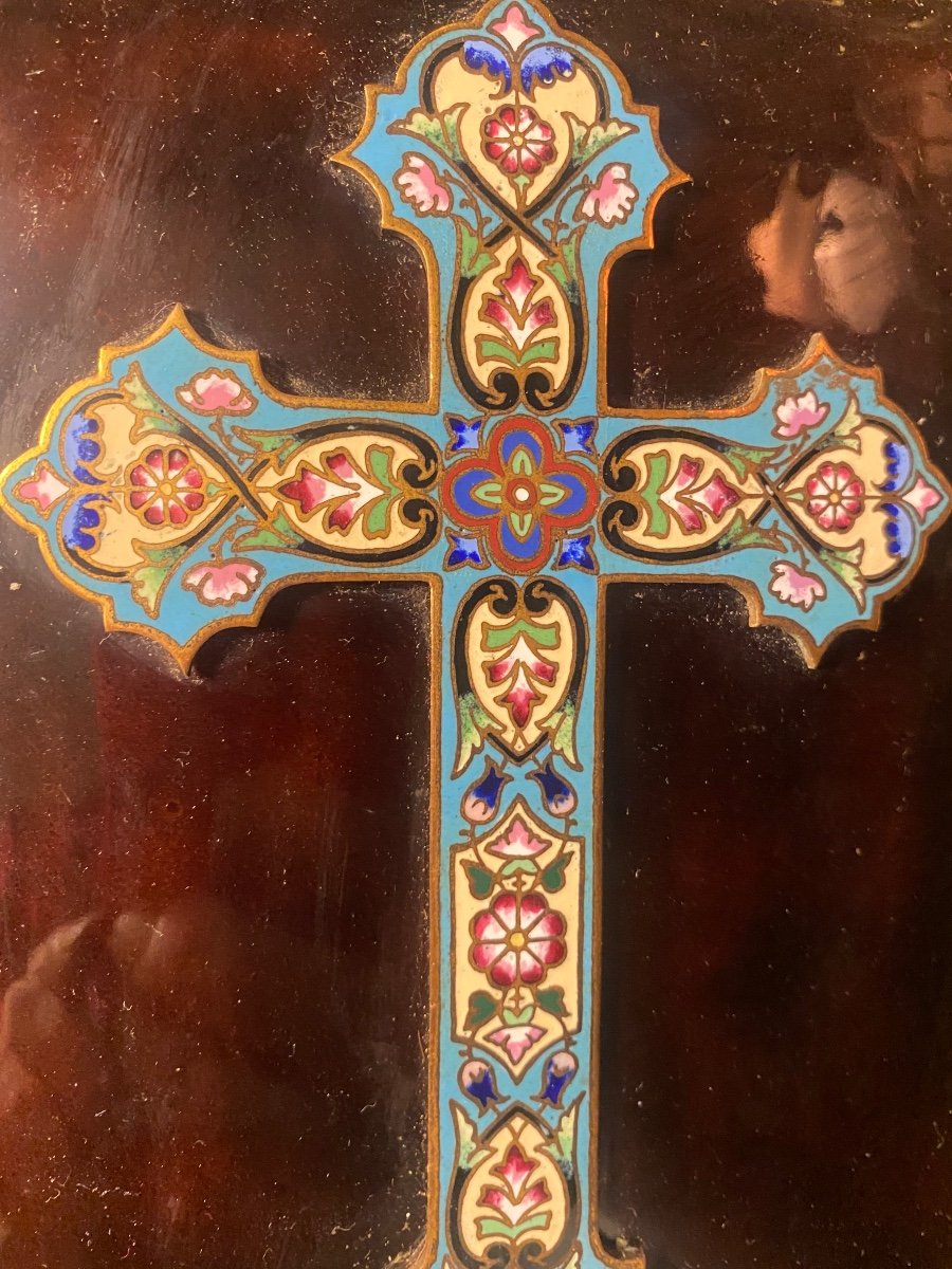 Very Beautiful Cross And Holy Water Font In Cloisonné Bronze Enamel On Enamel In Tortoise Shell Style 19th Century-photo-3