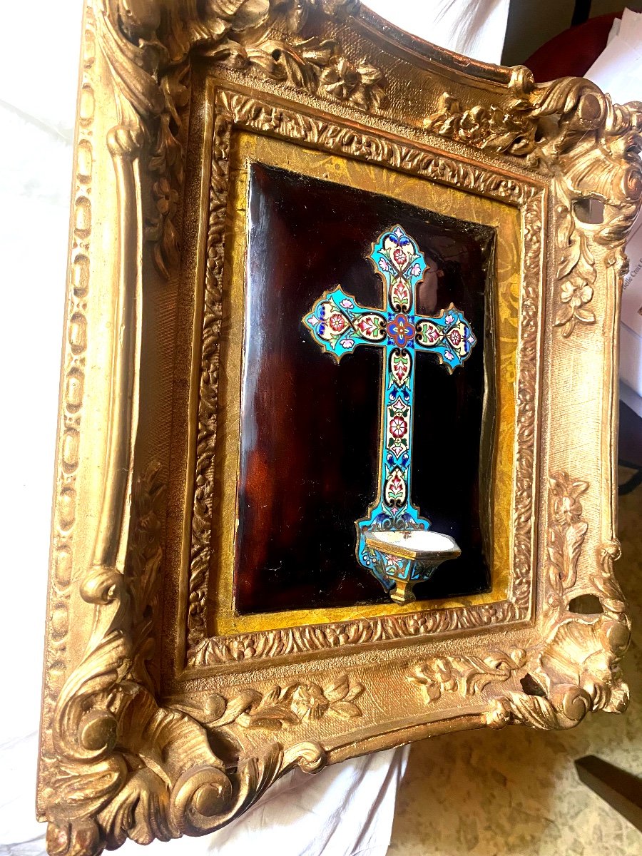 Very Beautiful Cross And Holy Water Font In Cloisonné Bronze Enamel On Enamel In Tortoise Shell Style 19th Century-photo-1