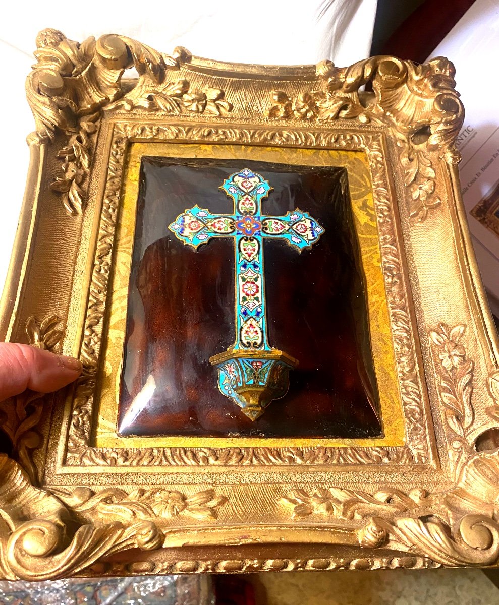 Very Beautiful Cross And Holy Water Font In Cloisonné Bronze Enamel On Enamel In Tortoise Shell Style 19th Century-photo-2