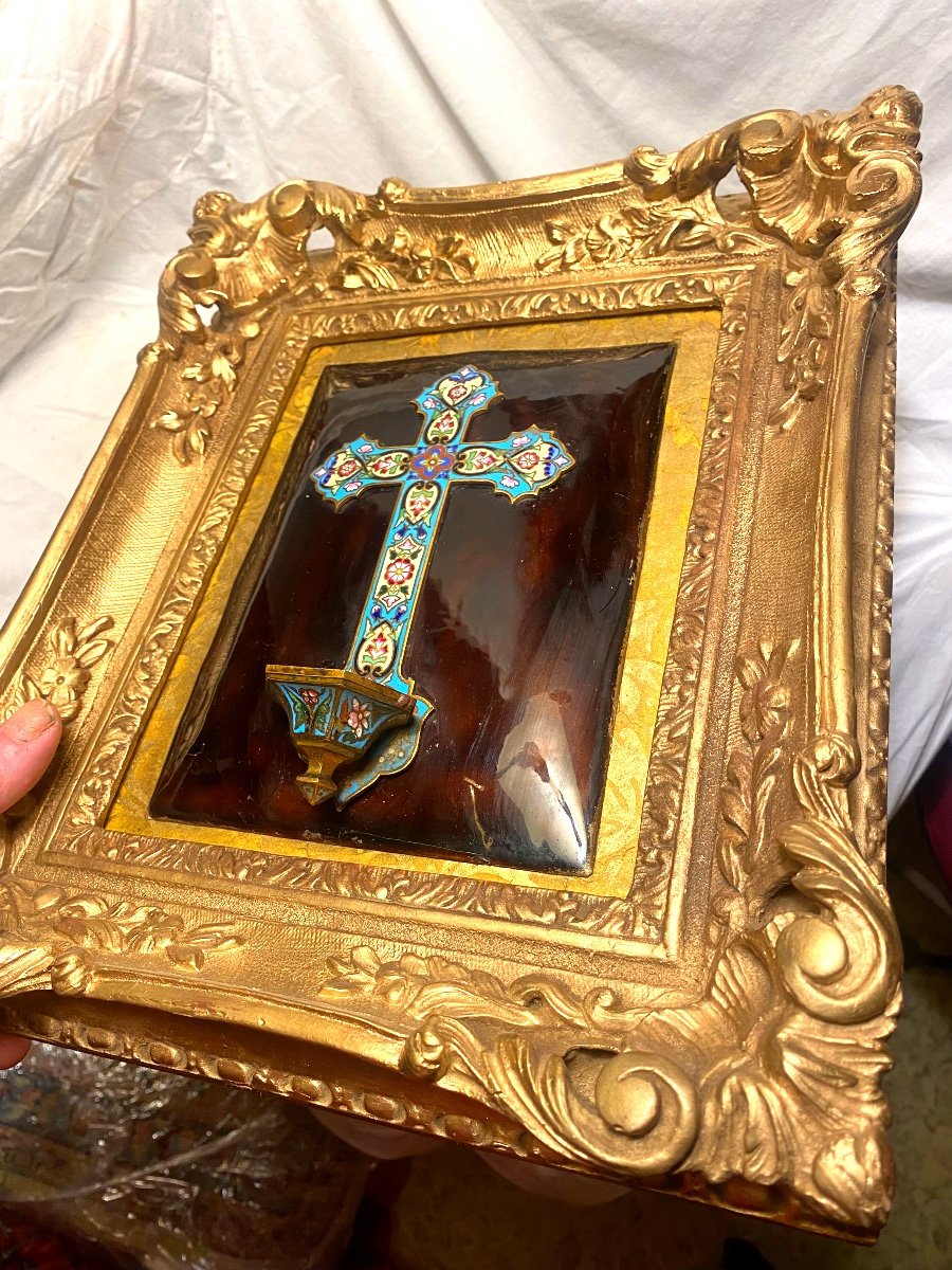 Very Beautiful Cross And Holy Water Font In Cloisonné Bronze Enamel On Enamel In Tortoise Shell Style 19th Century-photo-3