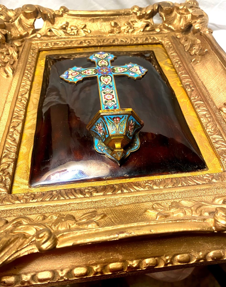 Very Beautiful Cross And Holy Water Font In Cloisonné Bronze Enamel On Enamel In Tortoise Shell Style 19th Century-photo-5