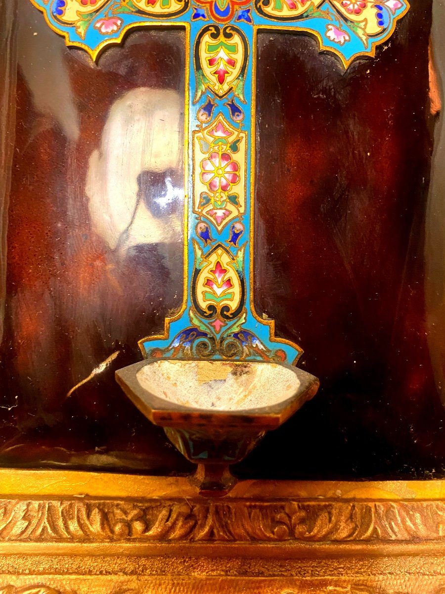 Very Beautiful Cross And Holy Water Font In Cloisonné Bronze Enamel On Enamel In Tortoise Shell Style 19th Century-photo-7