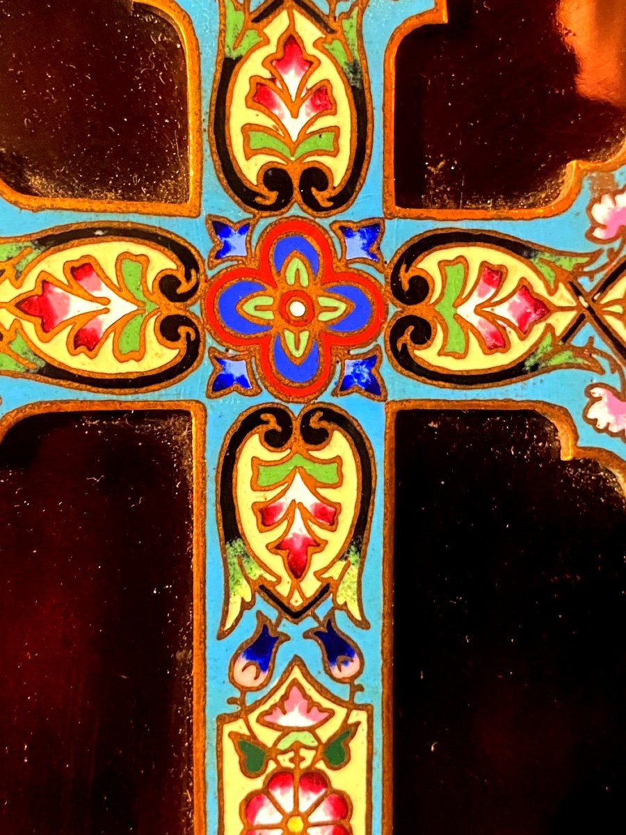 Very Beautiful Cross And Holy Water Font In Cloisonné Bronze Enamel On Enamel In Tortoise Shell Style 19th Century-photo-8