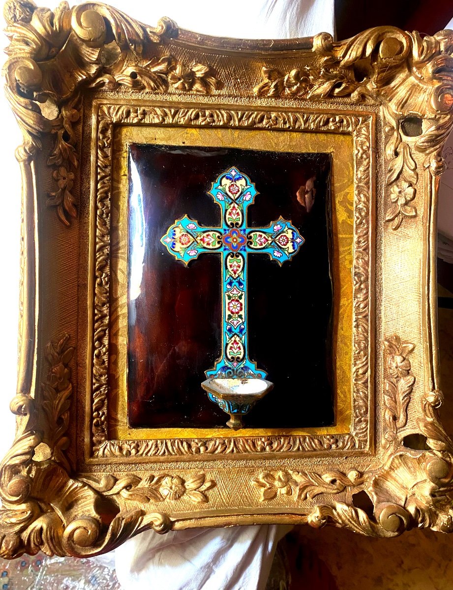 Very Beautiful Cross And Holy Water Font In Cloisonné Bronze Enamel On Enamel In Tortoise Shell Style 19th Century