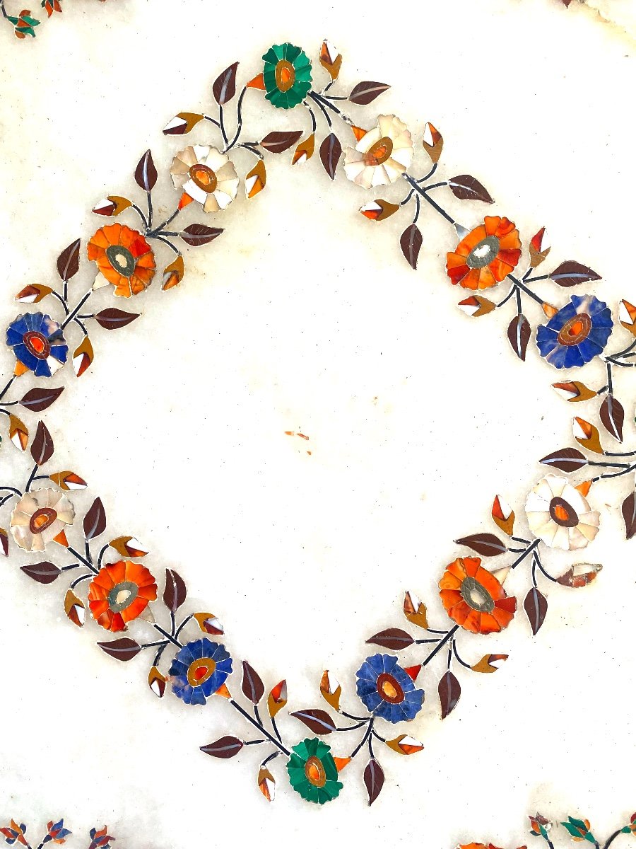 Beautiful White Marble Flower Tray Inlaid With Fine Stones And Indian Mother-of-pearl, 1st Part Of The 20th Century-photo-2