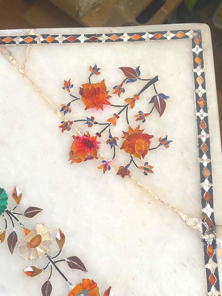 Beautiful White Marble Flower Tray Inlaid With Fine Stones And Indian Mother-of-pearl, 1st Part Of The 20th Century-photo-2