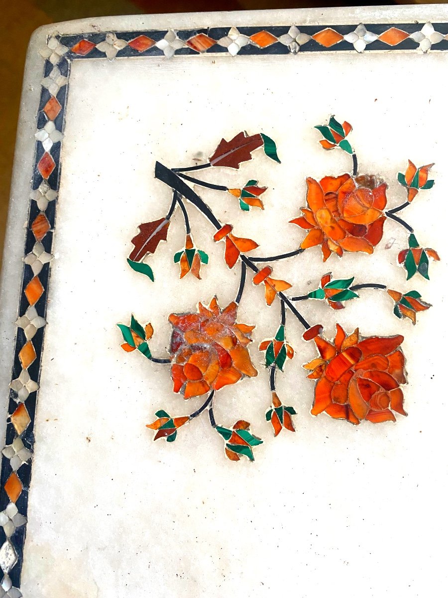 Beautiful White Marble Flower Tray Inlaid With Fine Stones And Indian Mother-of-pearl, 1st Part Of The 20th Century-photo-3