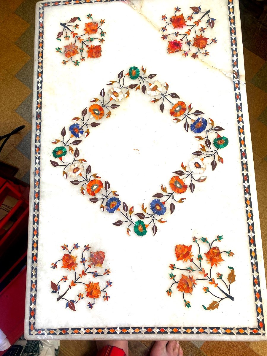 Beautiful White Marble Flower Tray Inlaid With Fine Stones And Indian Mother-of-pearl, 1st Part Of The 20th Century-photo-5