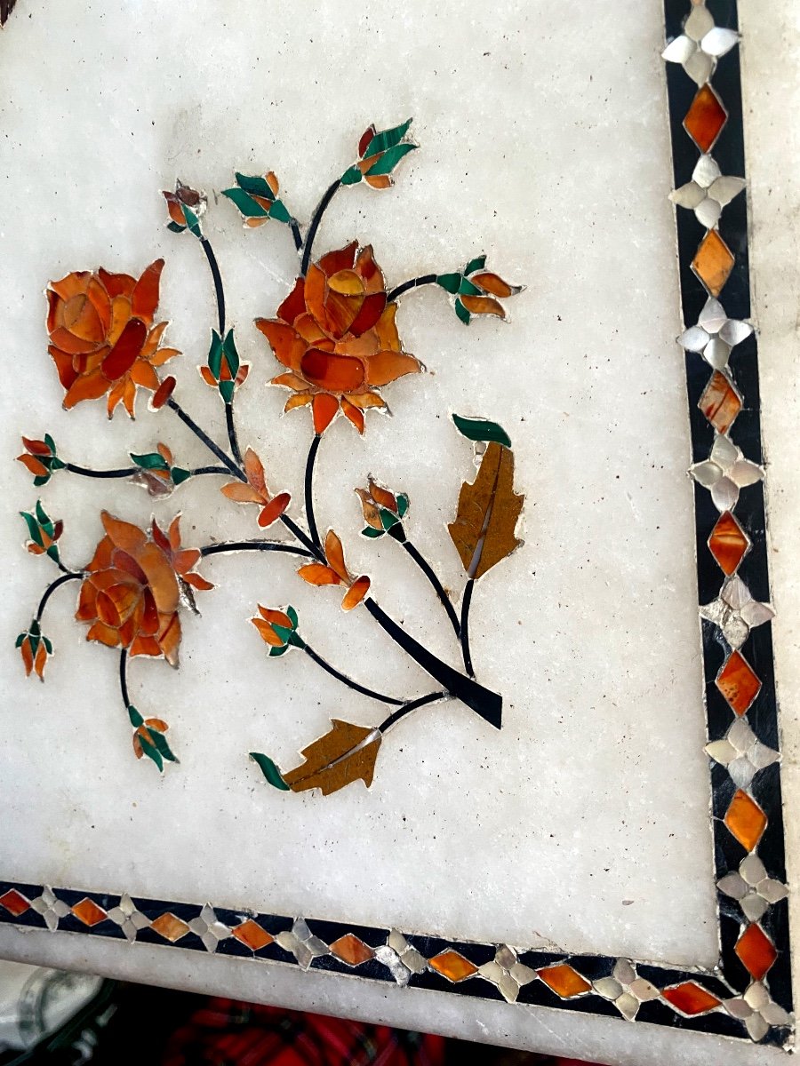 Beautiful White Marble Flower Tray Inlaid With Fine Stones And Indian Mother-of-pearl, 1st Part Of The 20th Century-photo-6