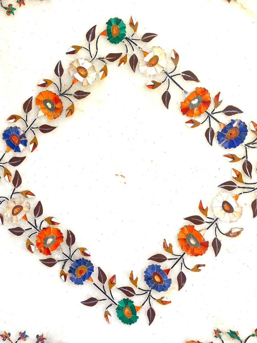 Beautiful White Marble Flower Tray Inlaid With Fine Stones And Indian Mother-of-pearl, 1st Part Of The 20th Century-photo-8