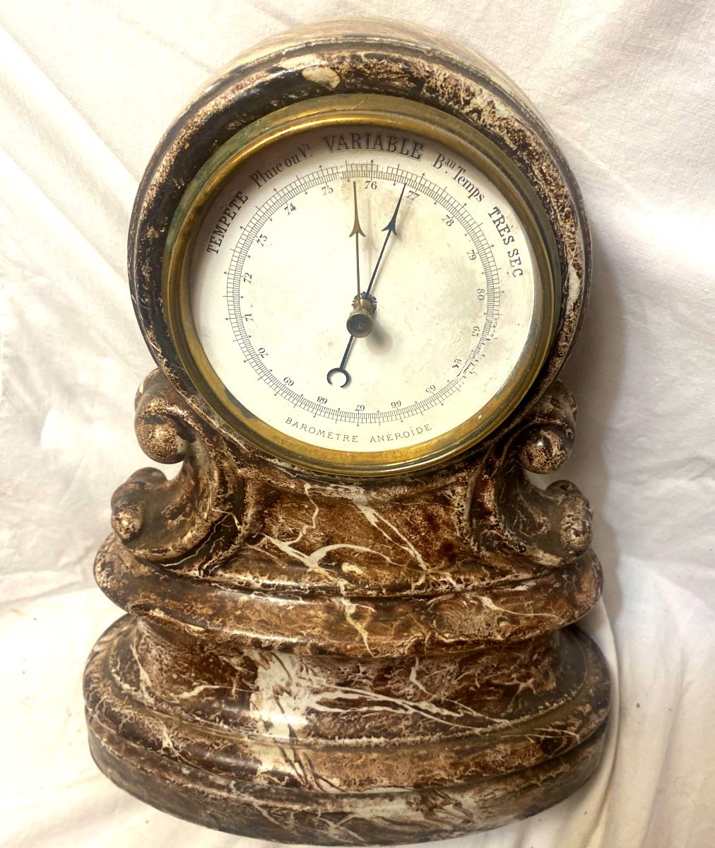 Rare Beau Baromètre Anéroïde Borne De Table En Fonte émaillée Faux Marbre Violine ,Napoléon III-photo-5