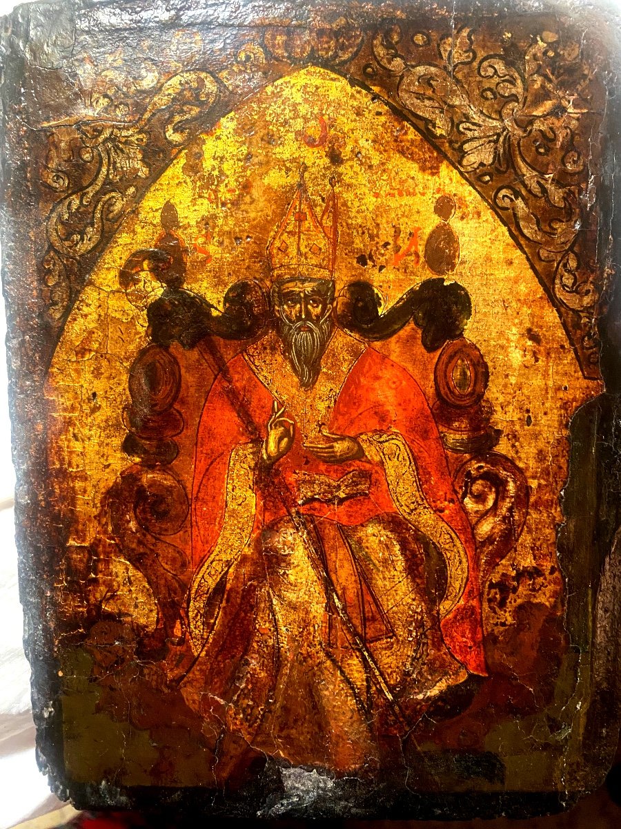  Beautiful Rare Icon Early 17th Century, Greek "saint Nicholas The Wonderworker Seated Wearing His Tiara