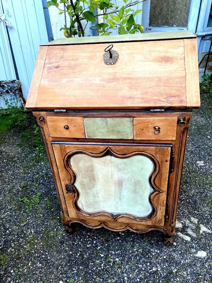 Charming Cherry Wood Sloping Desk, Almond Painted 18th Century Louis XV Transition Style, 1 Door 