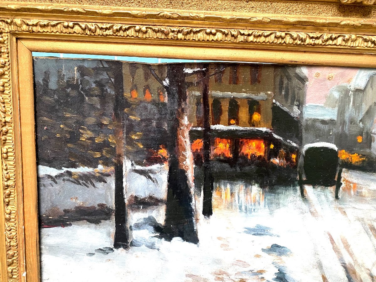 Tableau  Impressionniste De La Fin XIX eme  Hsp Paris la nuit sous la neige -photo-2