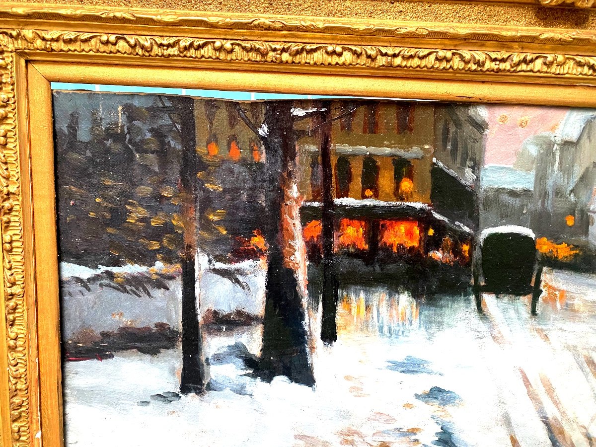 Tableau  Impressionniste De La Fin XIX eme  Hsp Paris la nuit sous la neige -photo-4