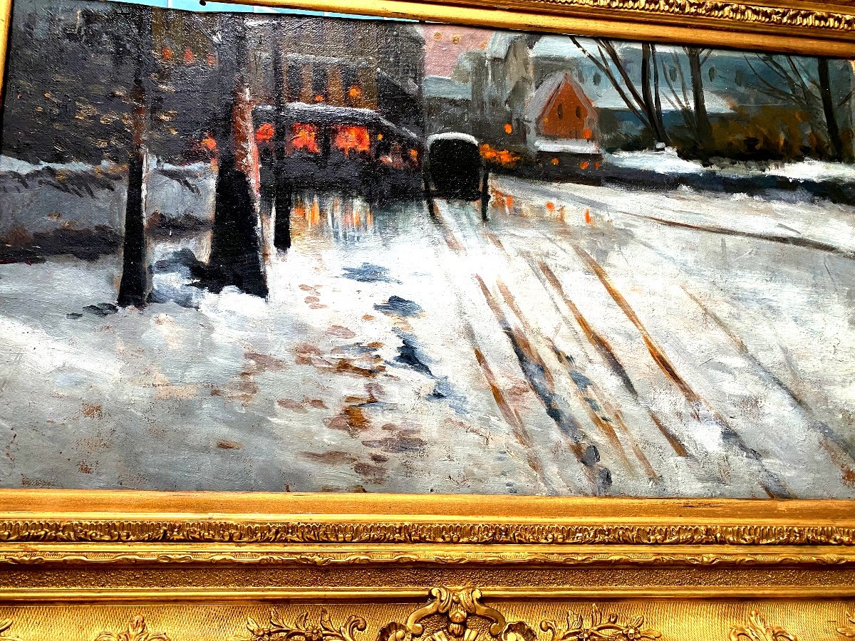 Tableau  Impressionniste De La Fin XIX eme  Hsp Paris la nuit sous la neige -photo-1