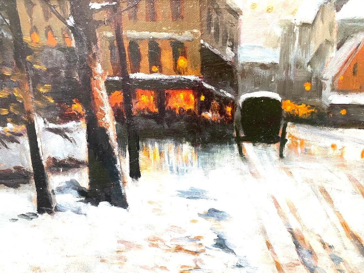 Tableau  Impressionniste De La Fin XIX eme  Hsp Paris la nuit sous la neige -photo-6