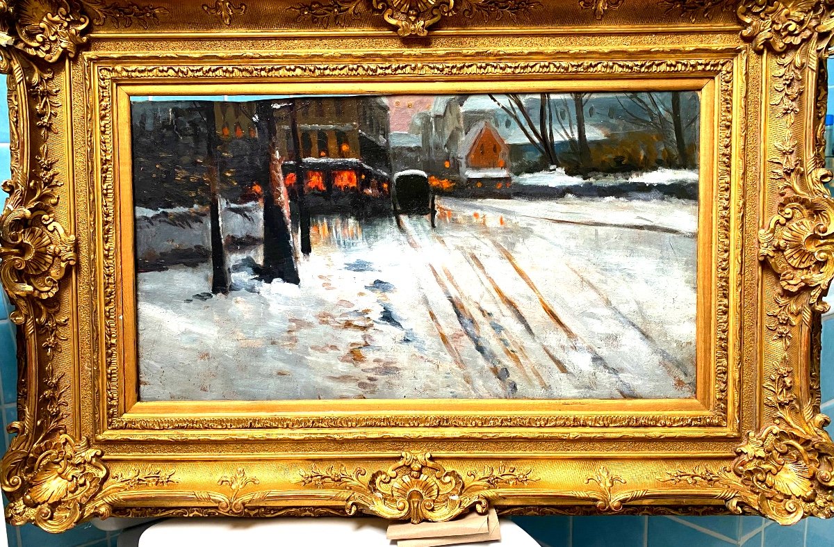 Tableau  Impressionniste De La Fin XIX eme  Hsp Paris la nuit sous la neige 