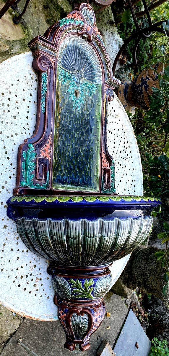 Very Important Wall Fountain Enamelled Earthenware From Sarguemines 19th Richly Polychromed N.3-photo-6