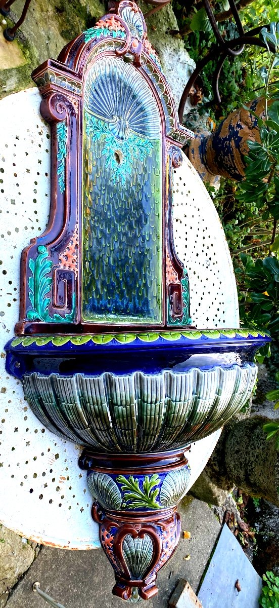 Very Important Wall Fountain Enamelled Earthenware From Sarguemines 19th Richly Polychromed N.3