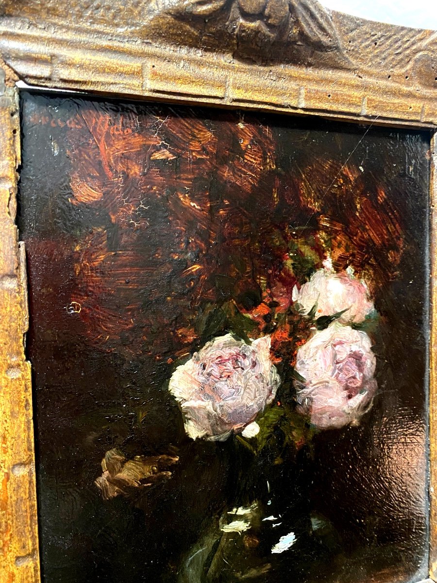 Nature Morte Aux Roses Dans Un Vase De" Garcia Malo ," Huile/bois Bien Encadrée Des Années "30"-photo-6