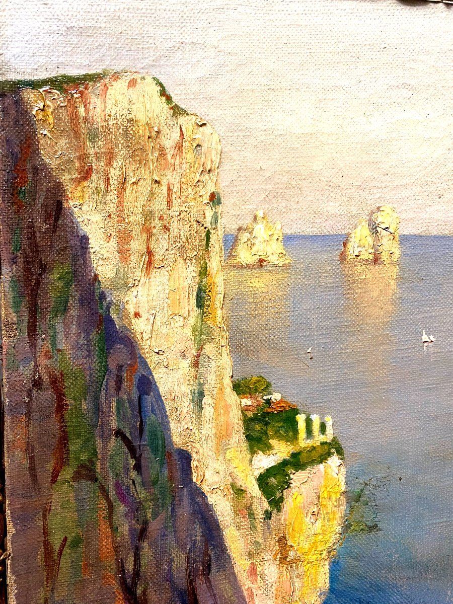 Beau Souvenir De Voyage Cette Huile Sur Toile d'Un Paysage De La Cote De Capri ,sig. C. Gilbert-photo-2