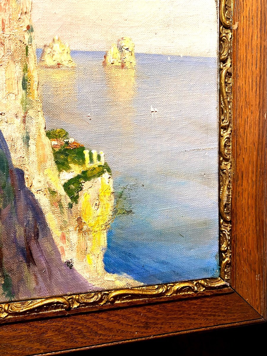 Beau Souvenir De Voyage Cette Huile Sur Toile d'Un Paysage De La Cote De Capri ,sig. C. Gilbert-photo-3