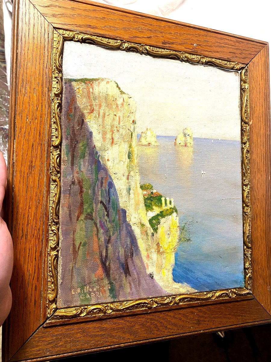 Beau Souvenir De Voyage Cette Huile Sur Toile d'Un Paysage De La Cote De Capri ,sig. C. Gilbert-photo-1