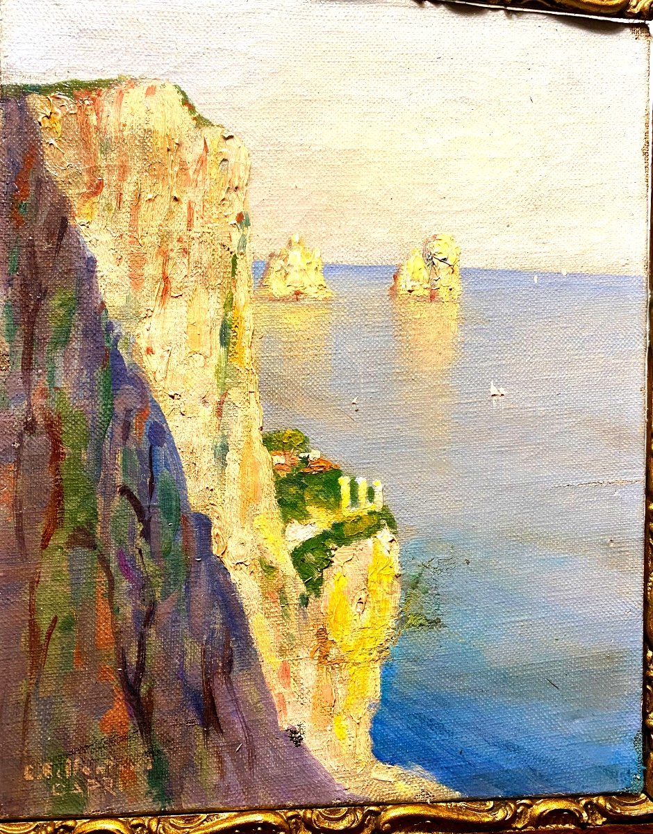 Beau Souvenir De Voyage Cette Huile Sur Toile d'Un Paysage De La Cote De Capri ,sig. C. Gilbert-photo-3