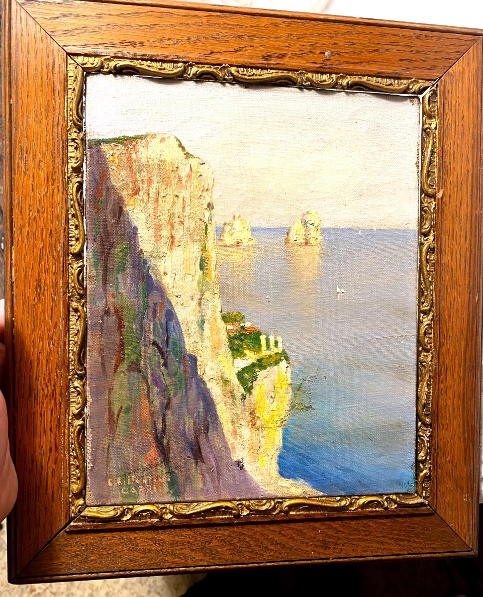 Beau Souvenir De Voyage Cette Huile Sur Toile d'Un Paysage De La Cote De Capri ,sig. C. Gilbert