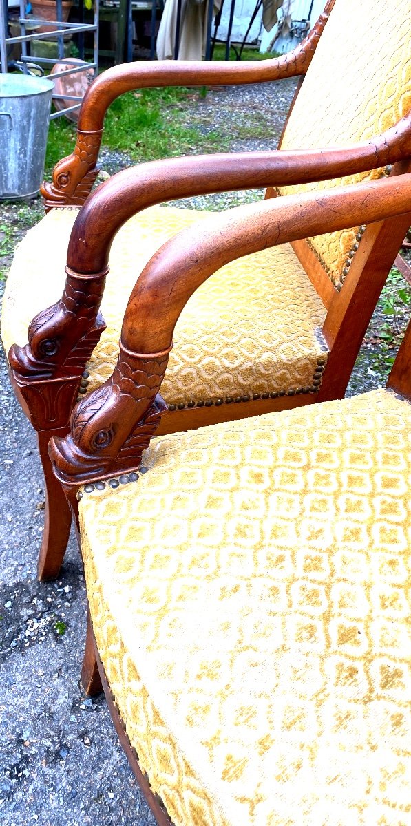 Pair Of Elegant Cherrywood Dolphin Head Armchairs, Early 19th Century, Nicely Sized Sabre Legs-photo-2