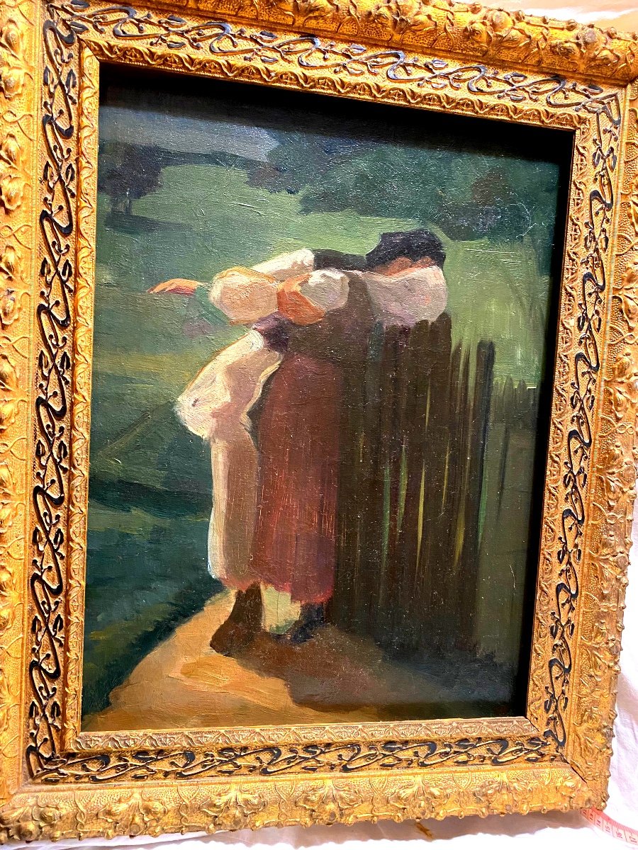 Pont-aven School, End Of The 19th Century Oil On Canvas The Peasant Embrace At La Barrière-photo-3