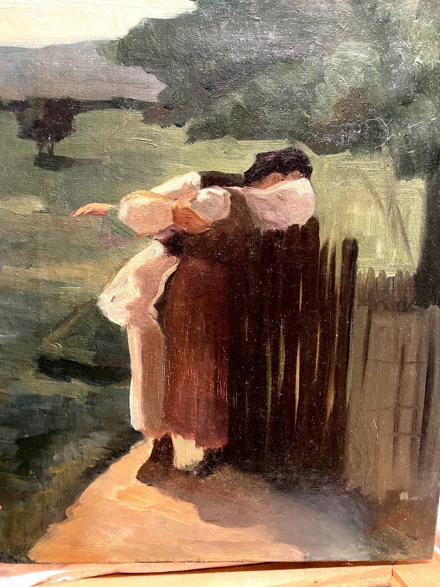 Pont-aven School, End Of The 19th Century Oil On Canvas The Peasant Embrace At La Barrière-photo-4