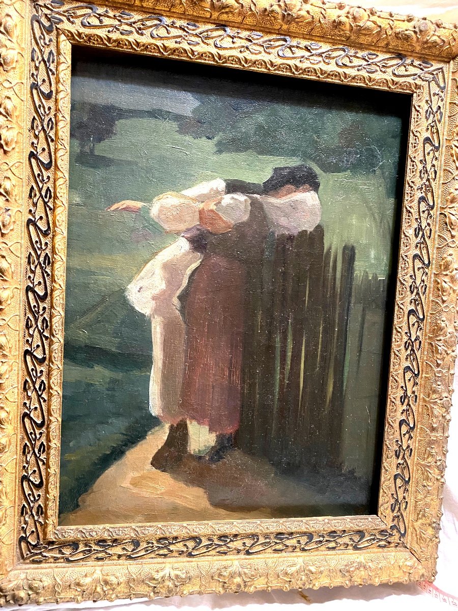 Pont-aven School, End Of The 19th Century Oil On Canvas The Peasant Embrace At La Barrière