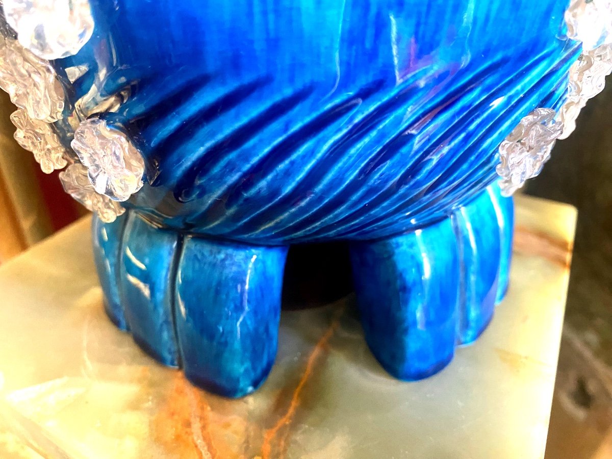 Rare And Beautiful Beam Lamp In Bright Blue Earthenware With Blown Flower Beds From The 50s.-photo-3