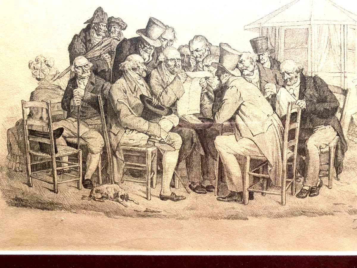 Rare Dessin Mine De Plomb "les Gazetiers" Signé De Julien-léopold Boilly Col.-photo-1