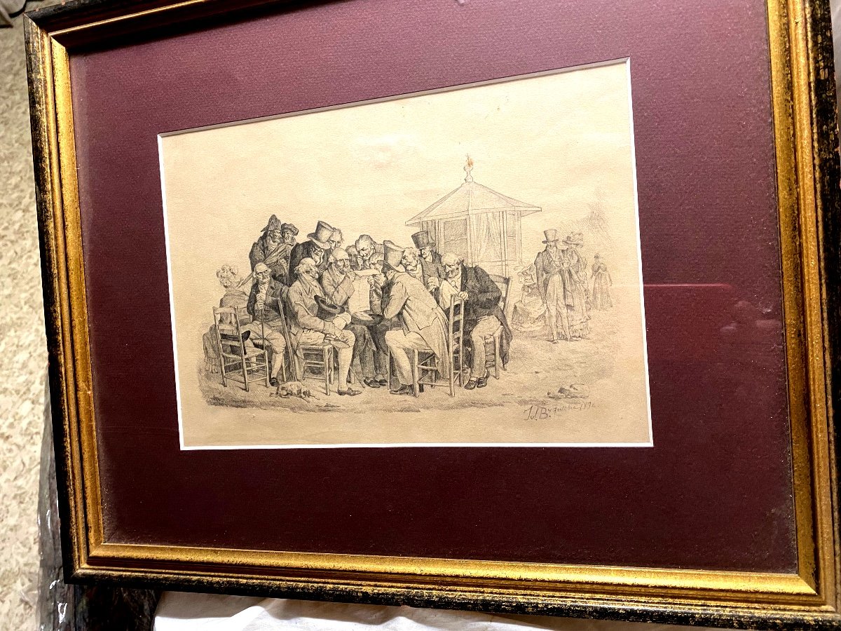 Rare Dessin Mine De Plomb "les Gazetiers" Signé De Julien-léopold Boilly Col.-photo-2