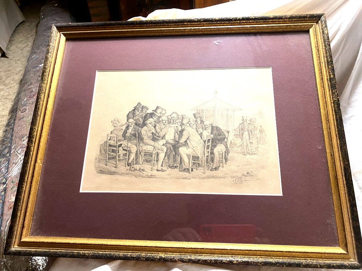 Rare Dessin Mine De Plomb "les Gazetiers" Signé De Julien-léopold Boilly Col.-photo-3