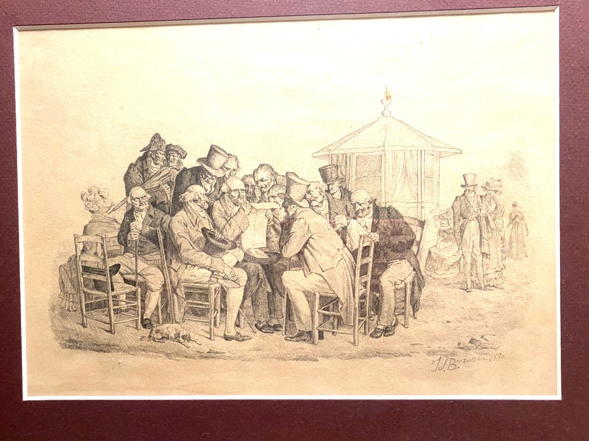 Rare Dessin Mine De Plomb "les Gazetiers" Signé De Julien-léopold Boilly Col.-photo-4