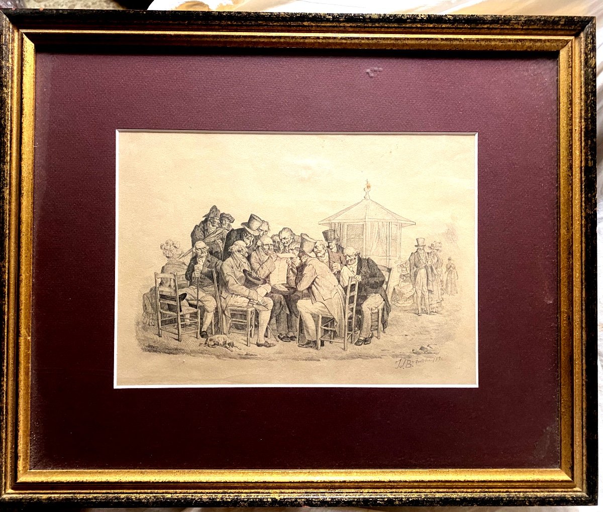 Rare Dessin Mine De Plomb "les Gazetiers" Signé De Julien-léopold Boilly Col.