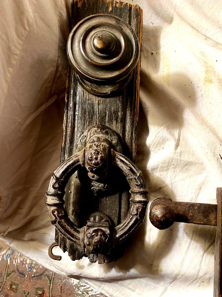 Important Door Lock And Knocker With Its Knob And Articulated Cremone Bolt 19th Century-photo-6