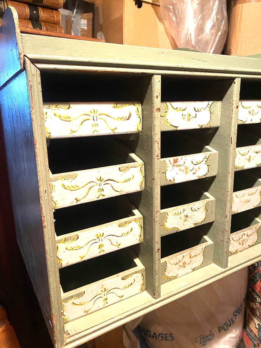 Charming Piece Of Furniture With Open Drawers And Painted And Decorated Shelf With A Haberdashery Motif From 1960 -photo-3