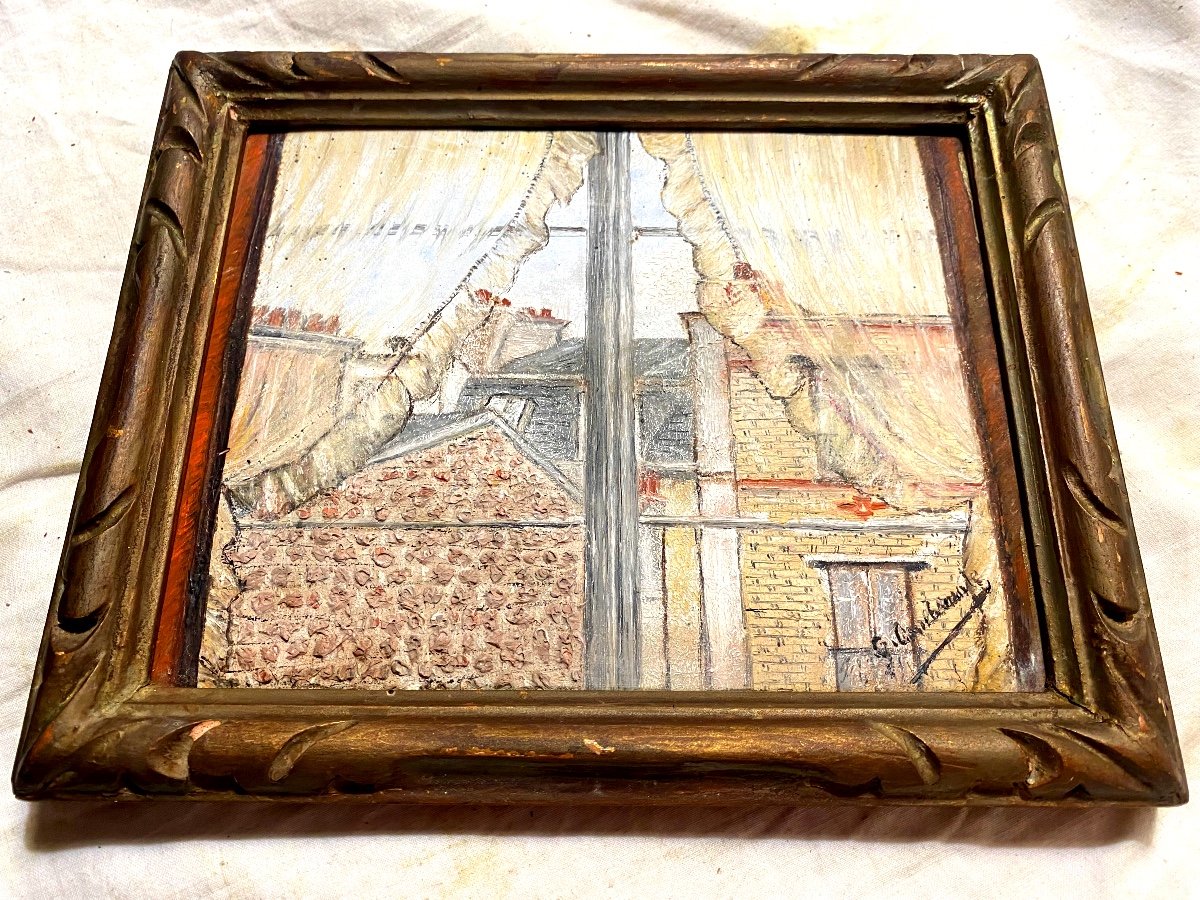 Petit Tableau Encadré Des Années:"30" Huile Sur Carton" Vue De Ma Fenêtre" , école Naïve Signée-photo-4